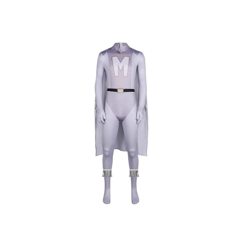 Megamind Metro Man cosplay costume for men featuring a silver cape and bold emblem