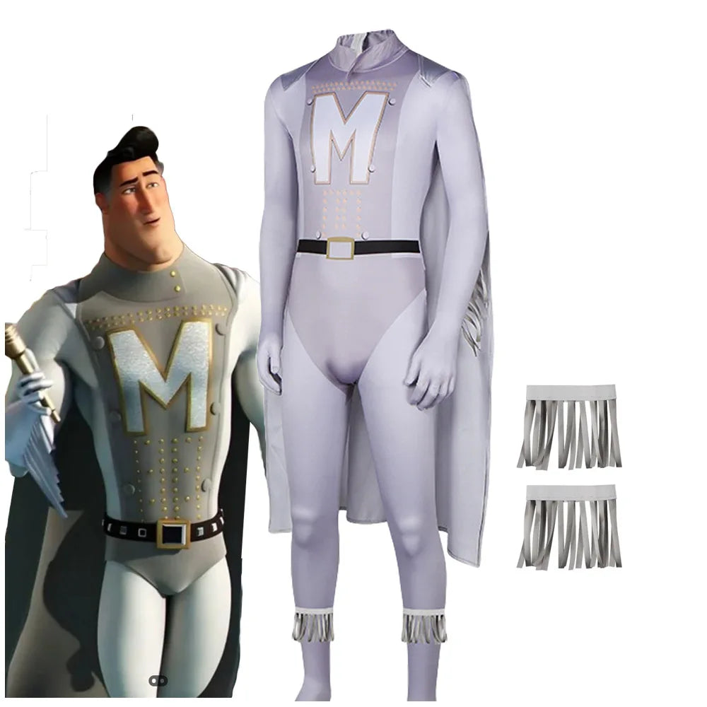 Megamind Metro Man cosplay costume for men with silver and white design, including cape and accessories