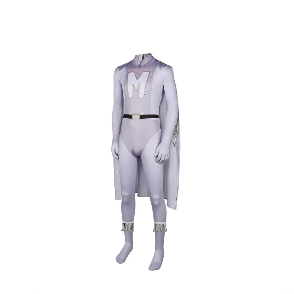 Megamind Metro Man cosplay costume for men featuring a light purple suit and attached cape