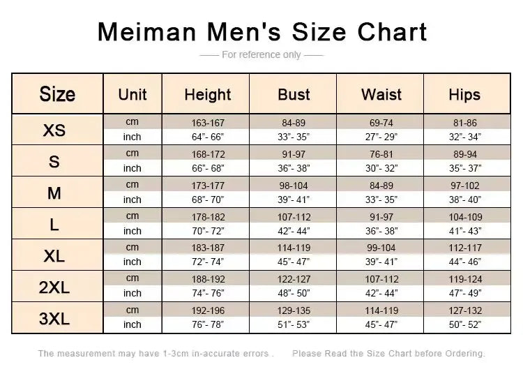 Meiman Men's Size Chart with Measurements for Megamind Metro Man cosplay costume for men