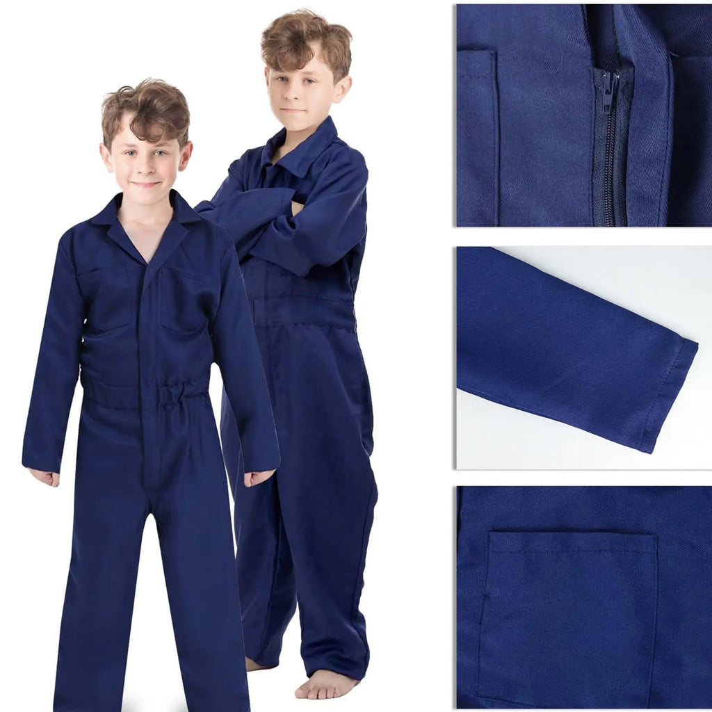 Michael Myers kids costume featuring a blue jumpsuit with zip and pocket for Halloween fun