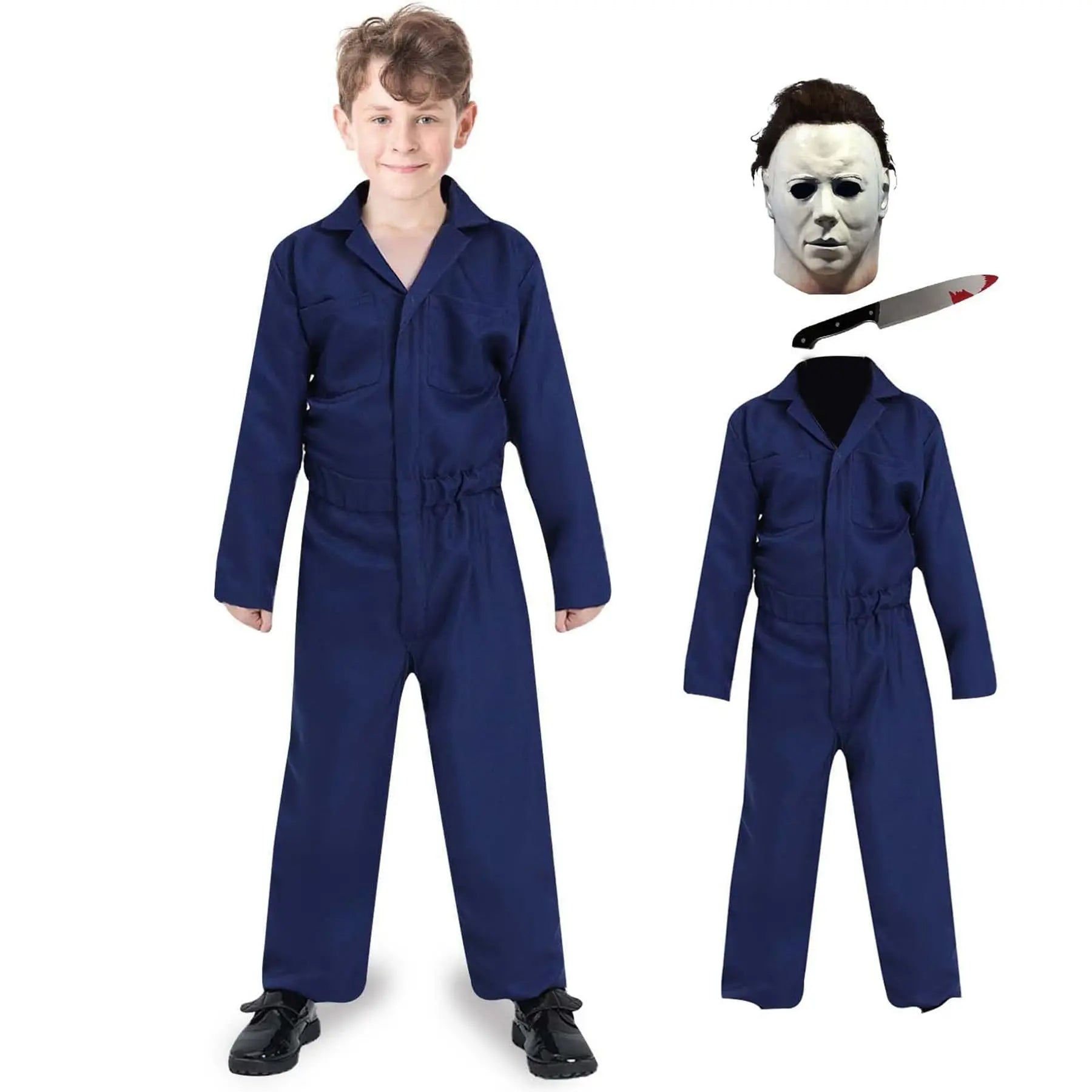 Michael Myers kids costume featuring a jumpsuit and mask for Halloween fun