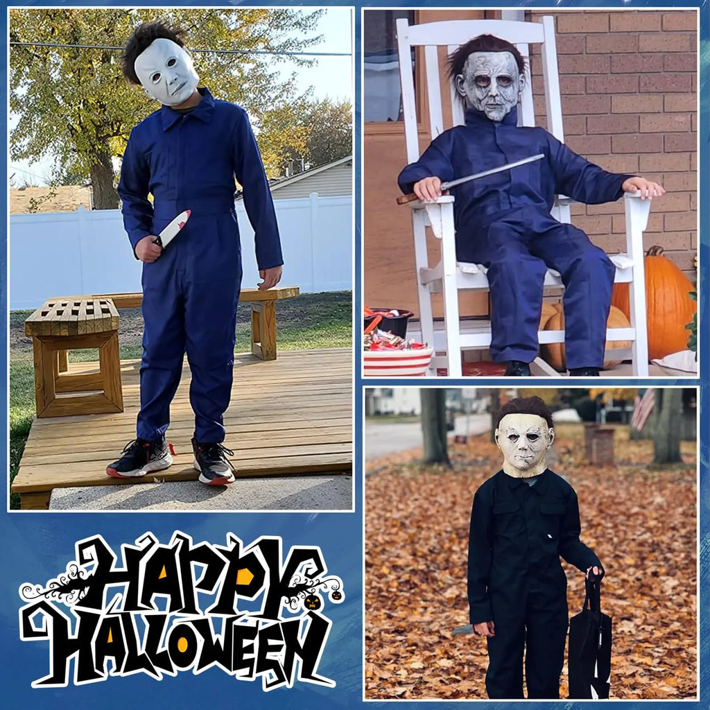 Michael Myers kids costume featuring a blue jumpsuit and mask for Halloween fun
