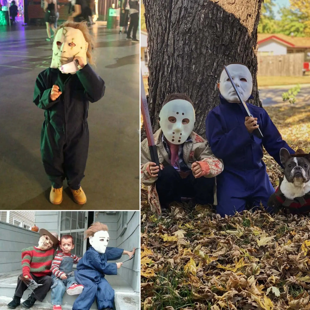 Kids wearing Michael Myers kids costume with masks and jumpsuits for Halloween fun