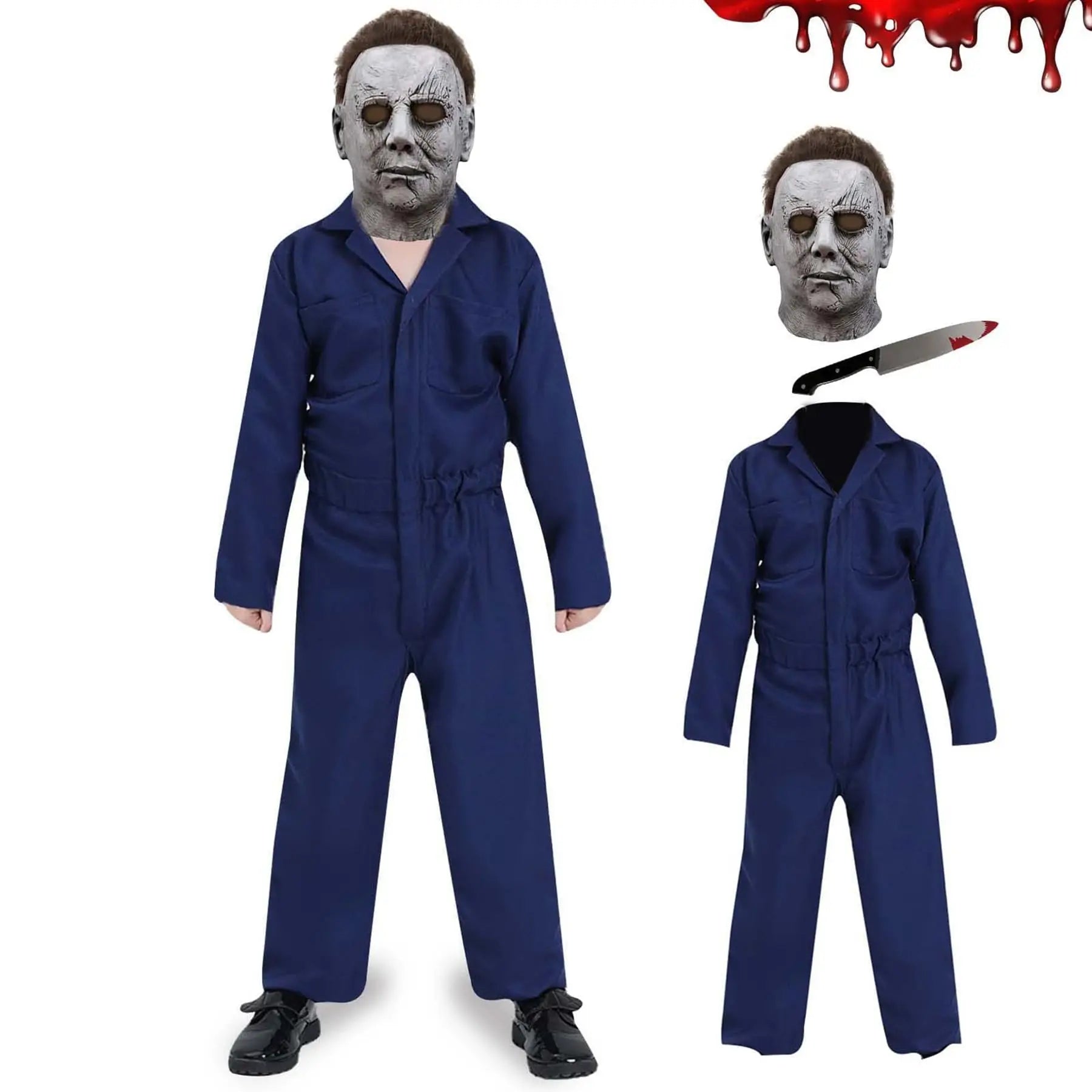 Michael Myers kids costume featuring a jumpsuit and mask, perfect for Halloween fun