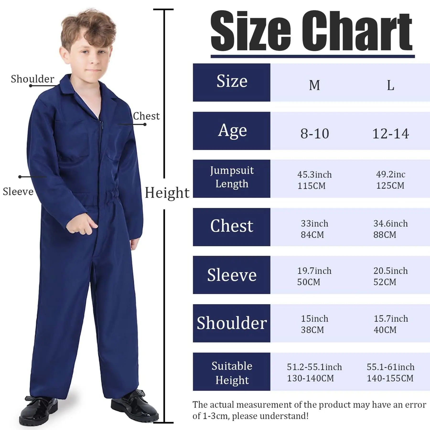 Michael Myers kids costume size chart for age 8-14 with jumpsuit, chest, and sleeve measurements