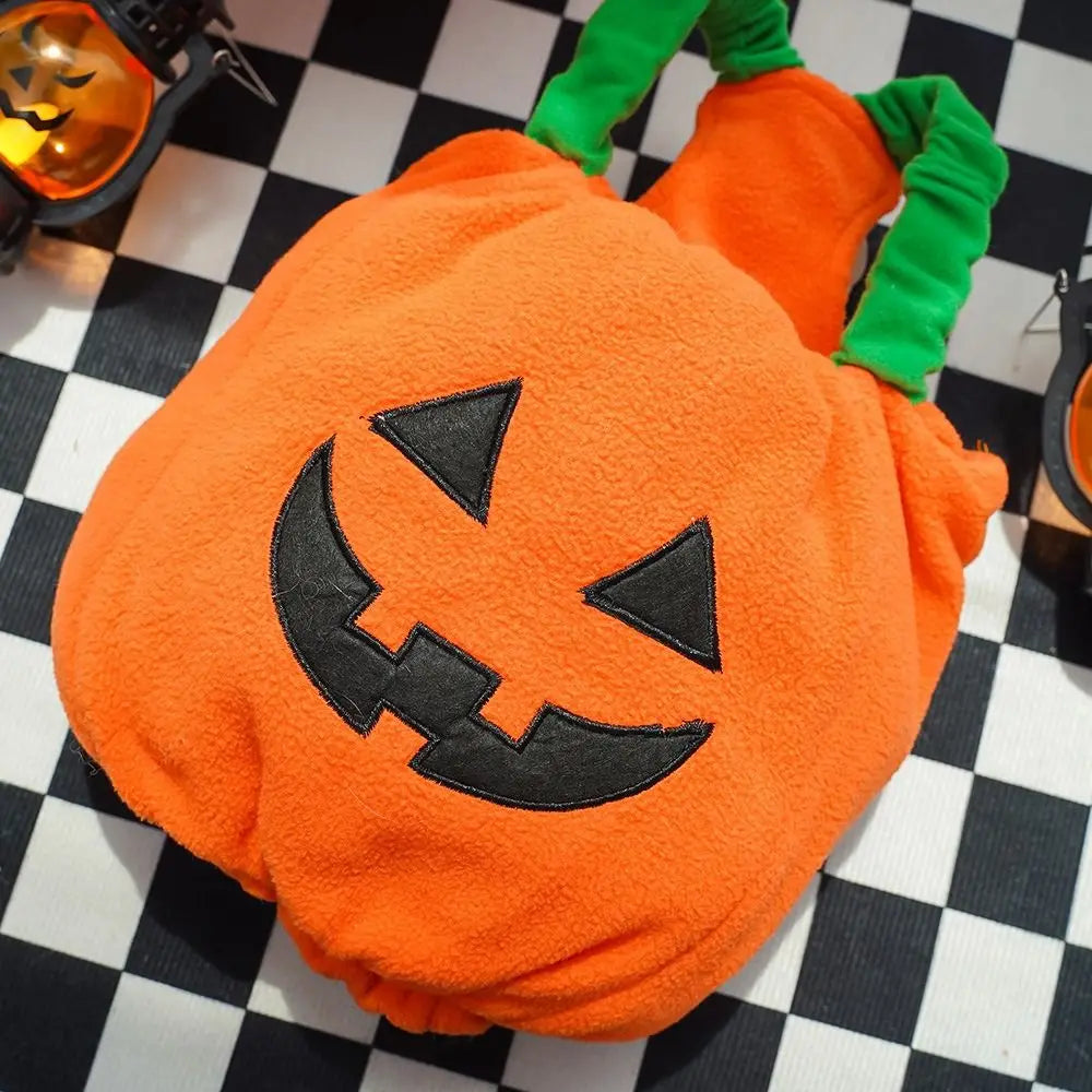 Zoomies & Co dog pumpkin costume Halloween with a smiling jack-o-lantern face and green straps