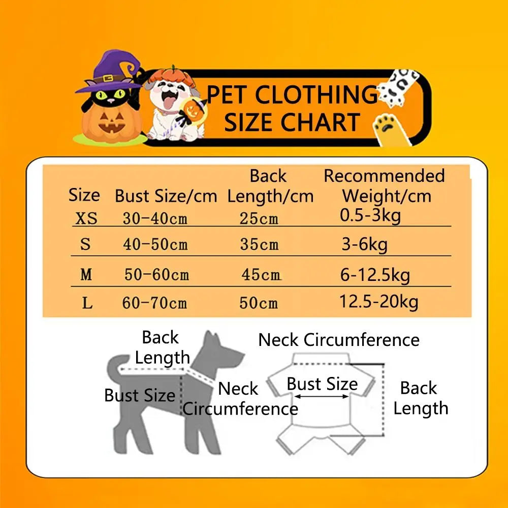 Pet clothing size chart for dog pumpkin costume Halloween from Zoomies & Co with measurements and weight recommendations