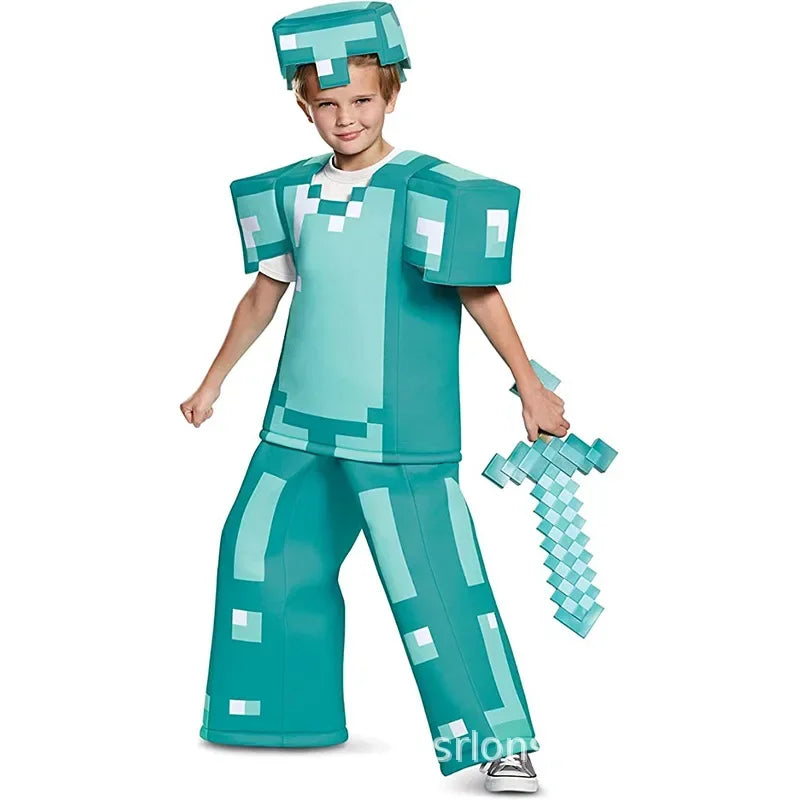 Child in Minecraft costume for kids Halloween 2025 holding a toy sword, dressed in a pixelated block design