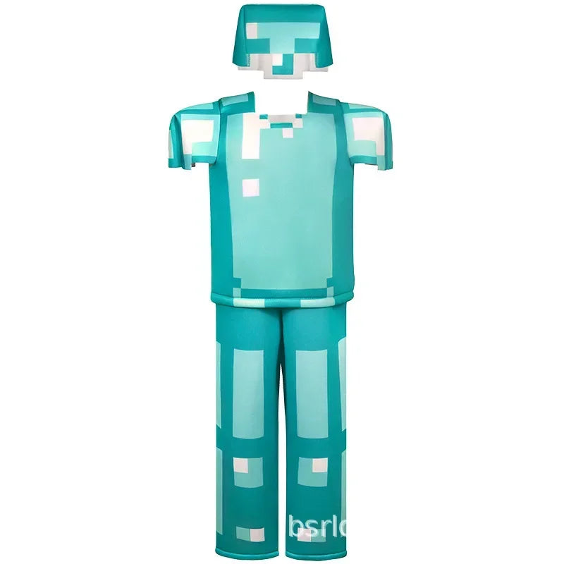 Minecraft costume for kids Halloween 2025 featuring a turquoise blocky design with matching headpiece