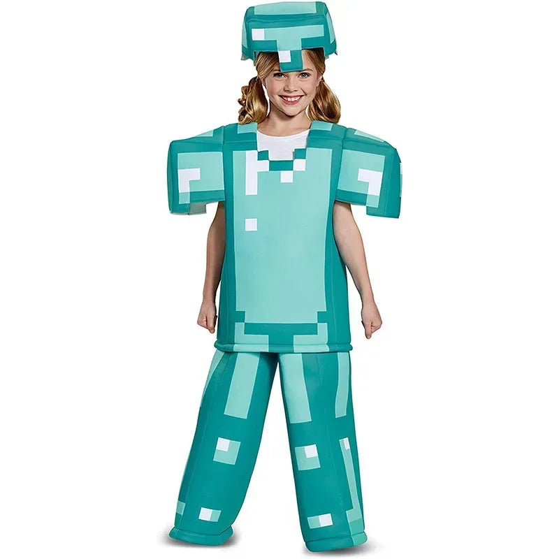 Minecraft costume for kids Halloween 2025, featuring a blocky design with a helmet and tunic