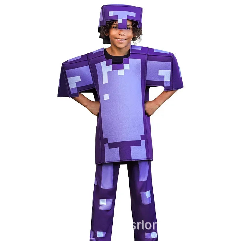 Minecraft costume for kids Halloween 2025 featuring a purple block design and matching headpiece