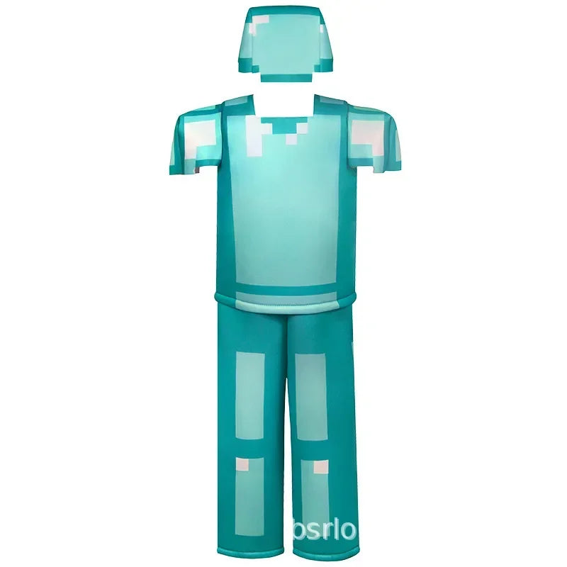 Minecraft costume for kids Halloween 2025 featuring a pixelated design in blue and green