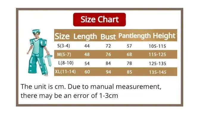 Size chart for Minecraft costume for kids Halloween 2025 showing measurements for different sizes