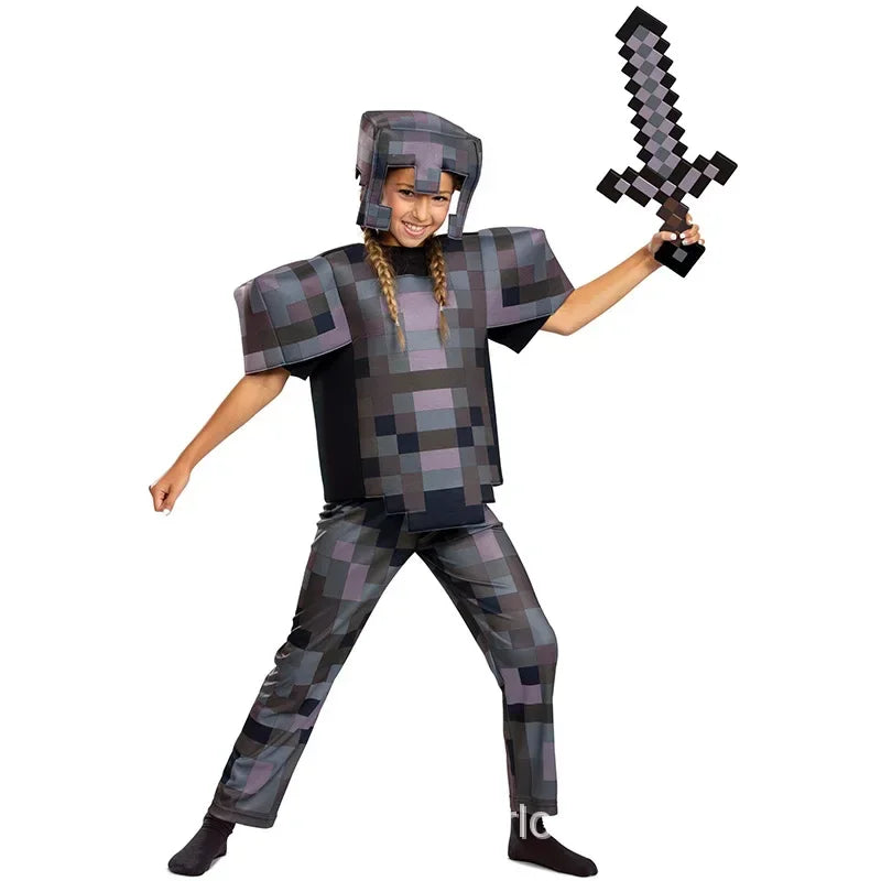 Child wearing a Minecraft costume for kids Halloween 2025, holding a pixelated sword with a fun pose