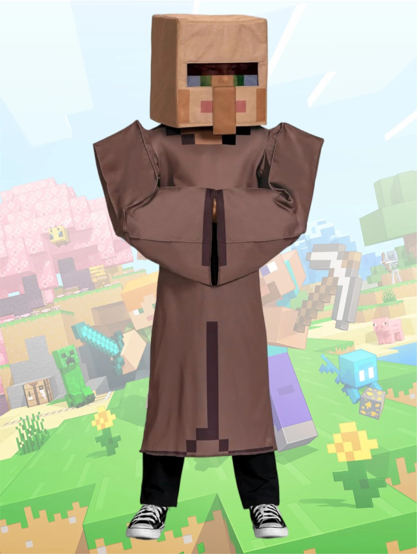 Minecraft villager costume for kids featuring a brown robe and square headpiece for imaginative play