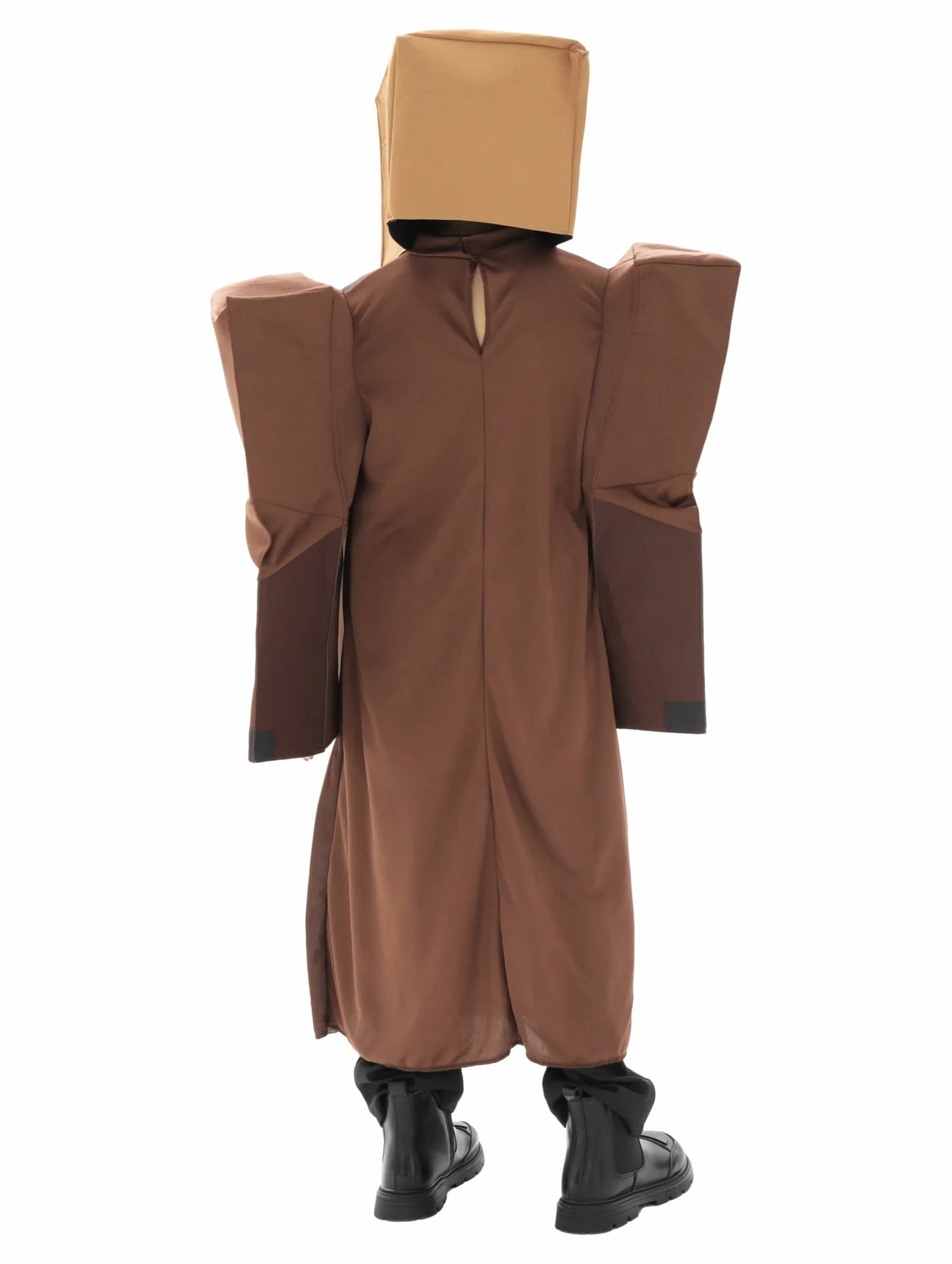Minecraft villager costume for kids featuring a brown robe and block headpiece for creative play