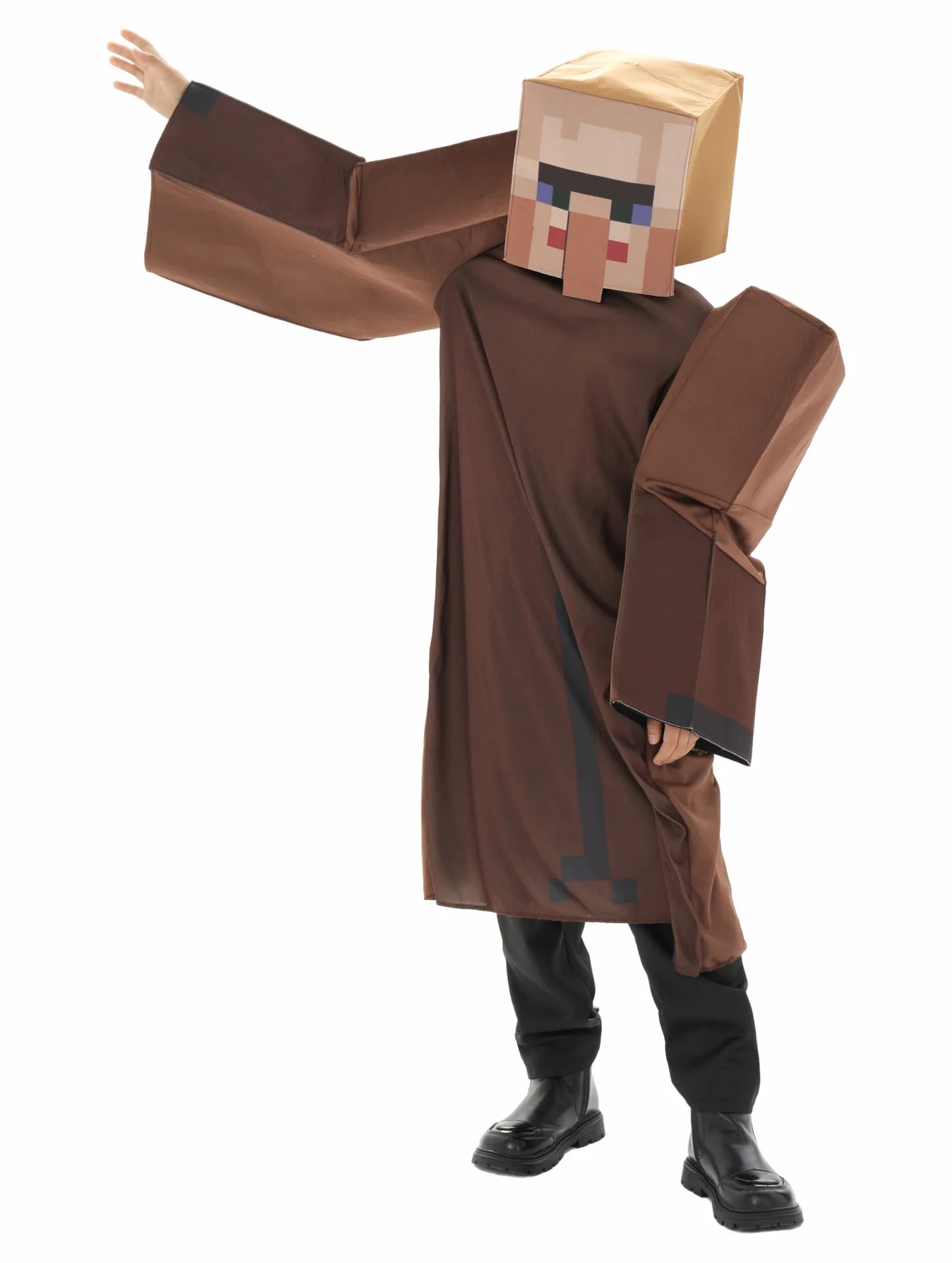 Minecraft villager costume for kids featuring oversized head and long sleeves for fun, playful dress-up
