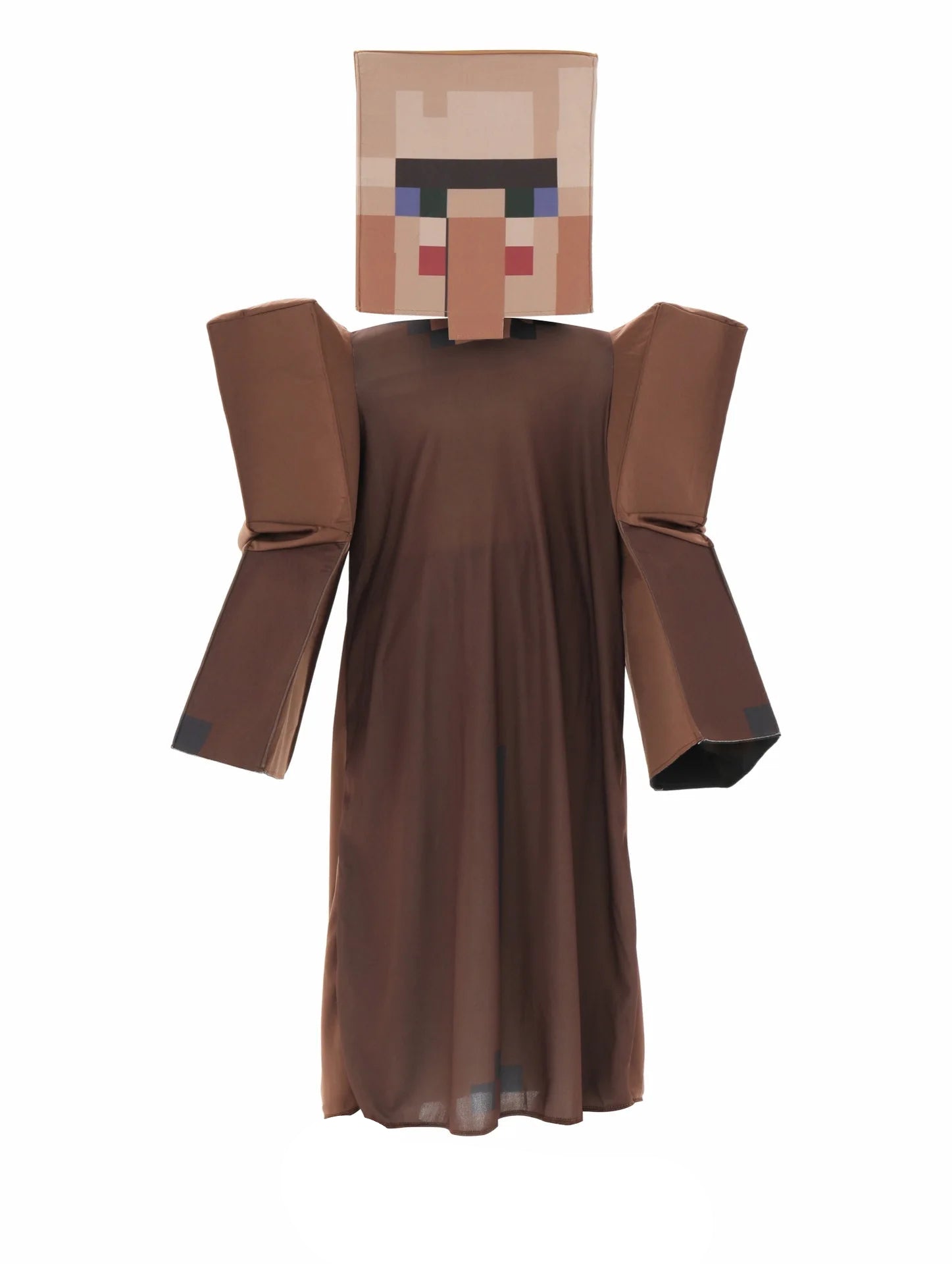 Minecraft villager costume for kids featuring a blocky headpiece and brown robe for imaginative play