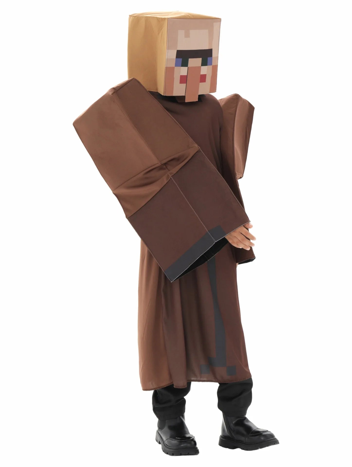 Minecraft villager costume for kids with oversized headpiece and brown robe sleeves