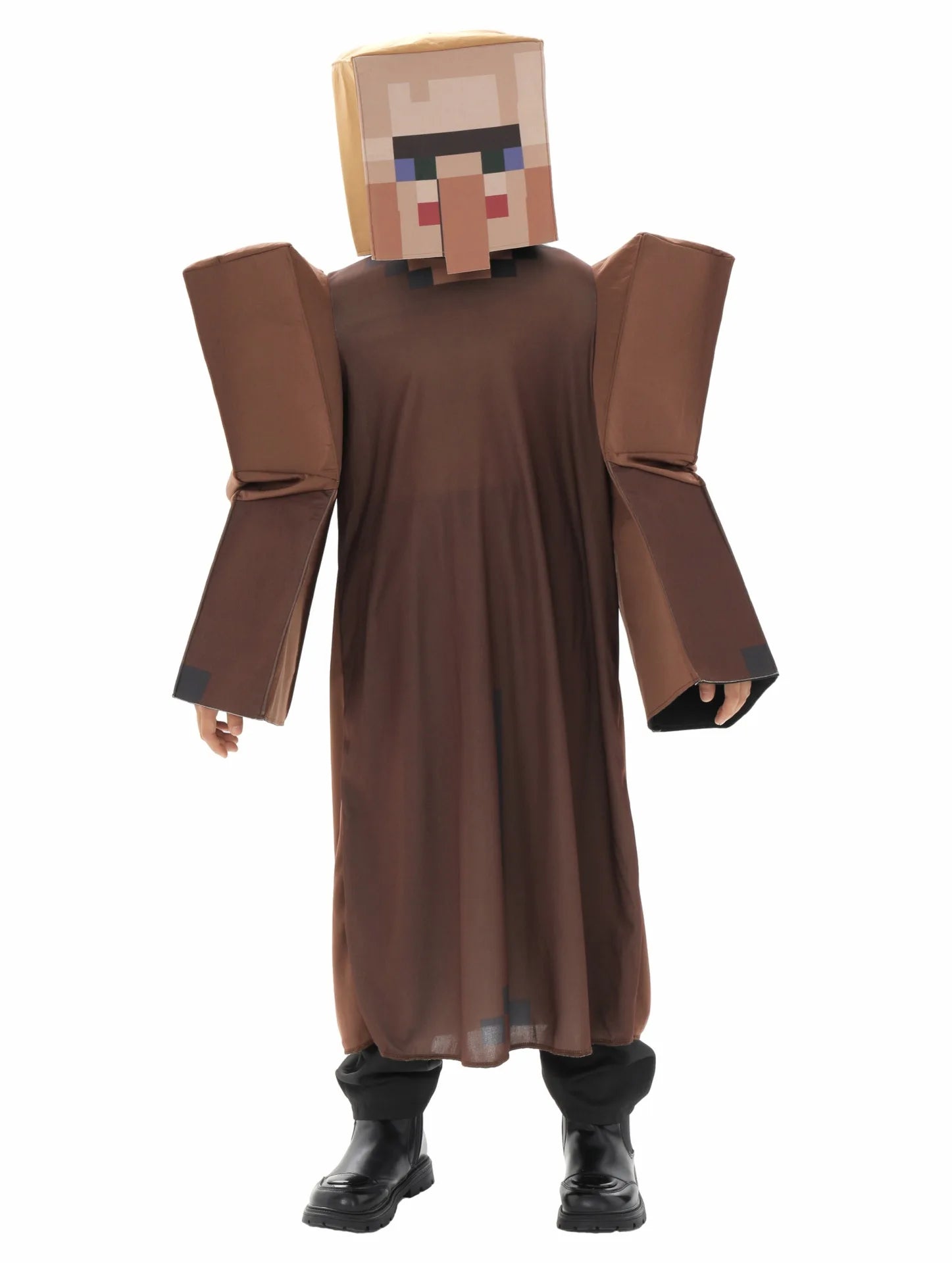 Minecraft villager costume for kids featuring oversized sleeves and a pixelated headpiece