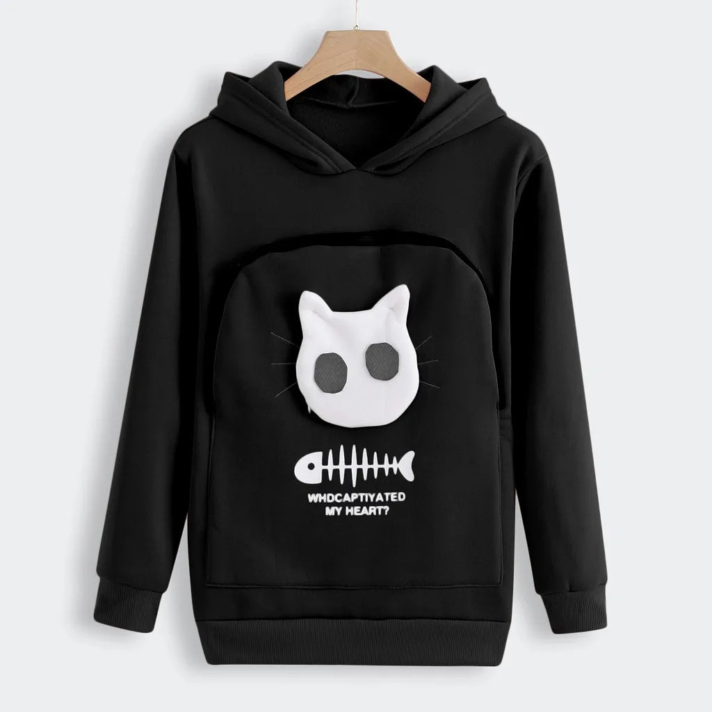 Black cat lover sweatshirt with pouch featuring a playful cat face and fishbone design
