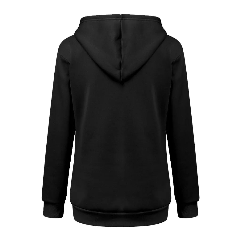 Back view of a black Zoomies & Co cat lover sweatshirt with pouch for cozy comfort