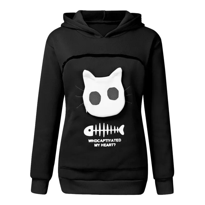Black cat lover sweatshirt with pouch featuring a cat face and fish design