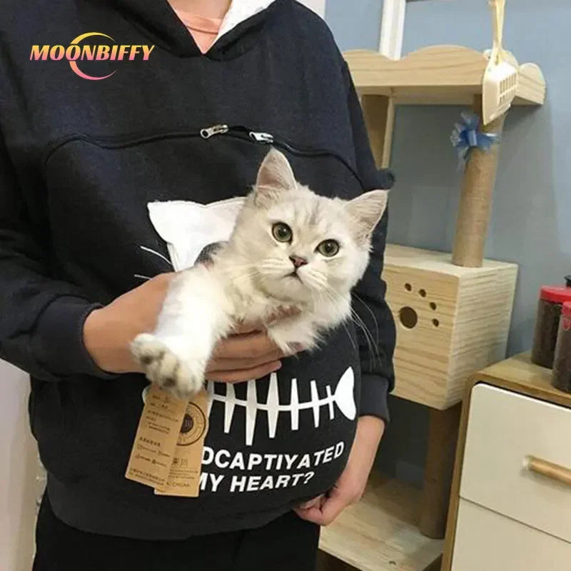 Cozy black cat lover sweatshirt with pouch, featuring a cute cat design and a cuddly cat