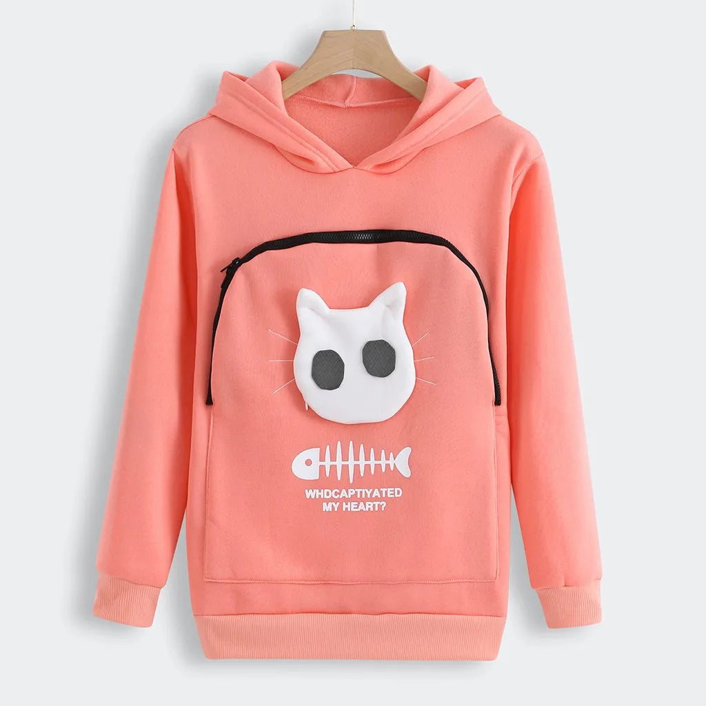 Coral Zoomies & Co cat lover sweatshirt with pouch featuring a cute cat face design