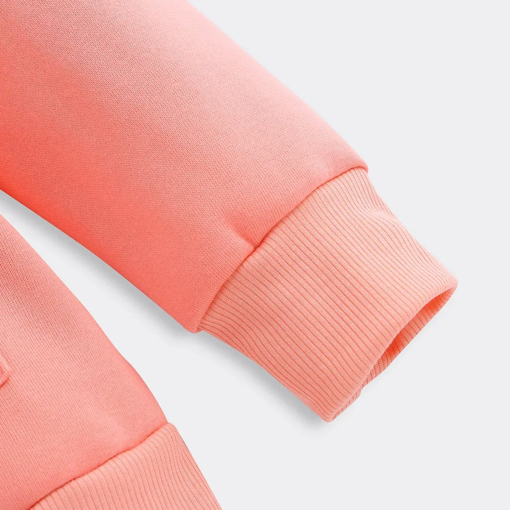 Soft coral Zoomies & Co cat lover sweatshirt with pouch featuring ribbed cuffs