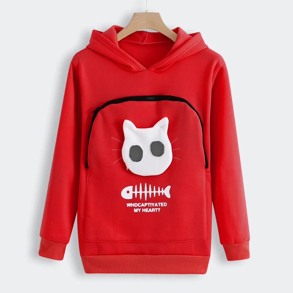 Red cat lover sweatshirt with pouch featuring playful cat and fish design for pet enthusiasts
