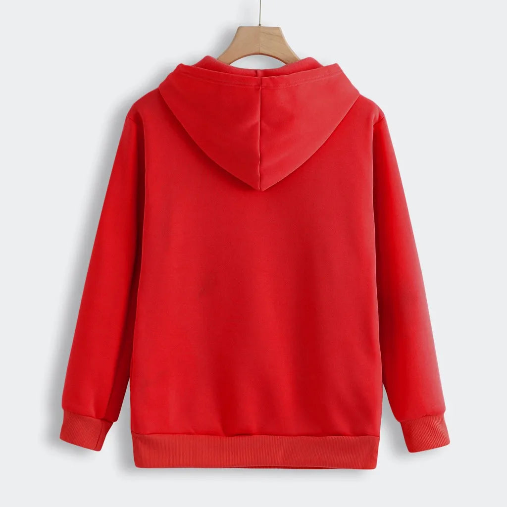 Back view of a red cat lover sweatshirt with pouch, perfect for cozy casual style.