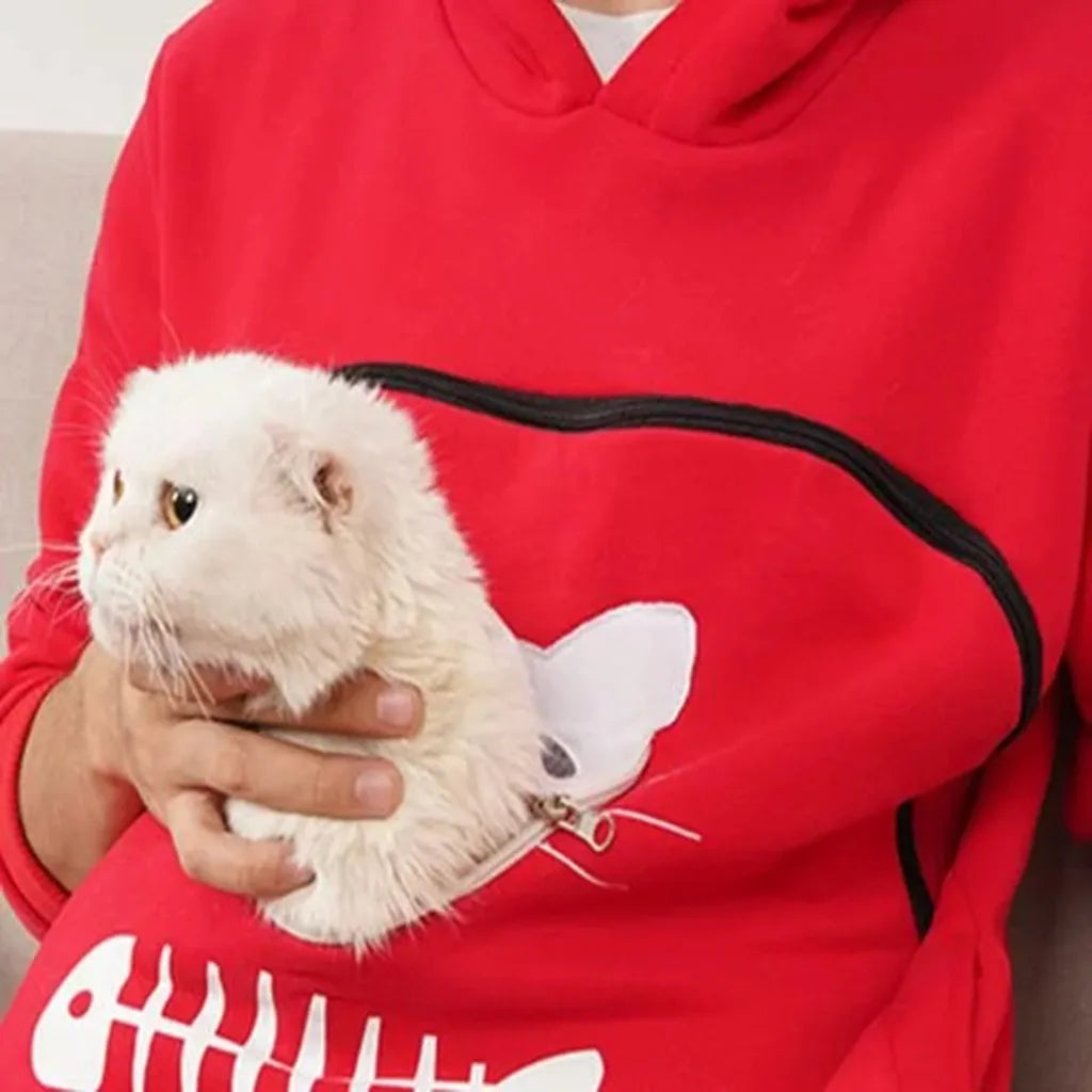 Red Zoomies & Co cat lover sweatshirt with pouch featuring a playful cat graphic
