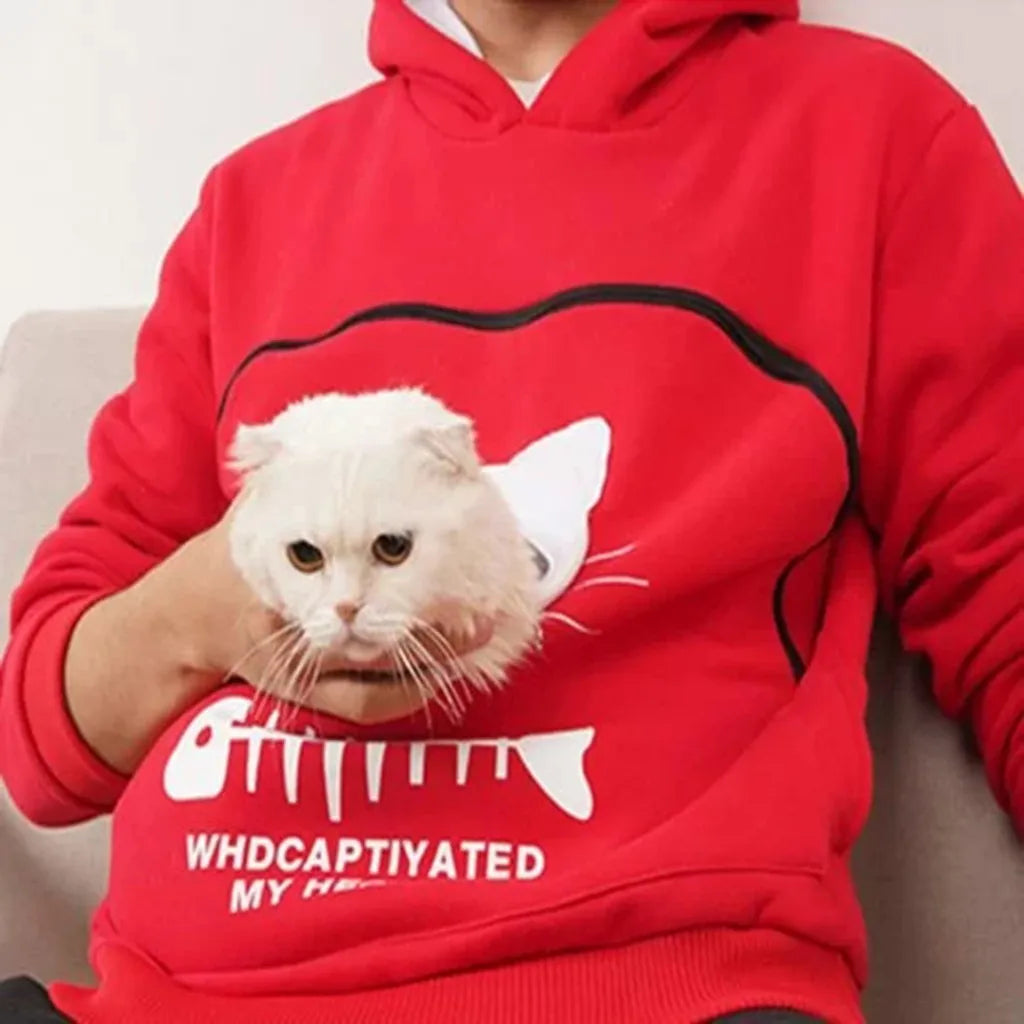 Red cat lover sweatshirt with pouch featuring a playful cat design, perfect for pet enthusiasts