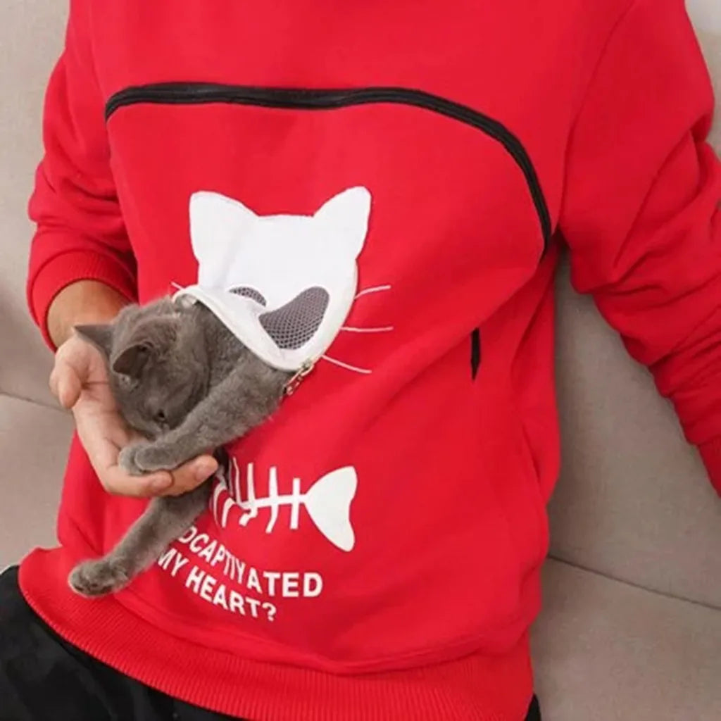Red Zoomies & Co cat lover sweatshirt with pouch for carrying cats comfortably