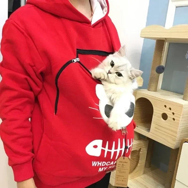 Red cat lover sweatshirt with pouch for cozy cat snuggles and stylish comfort