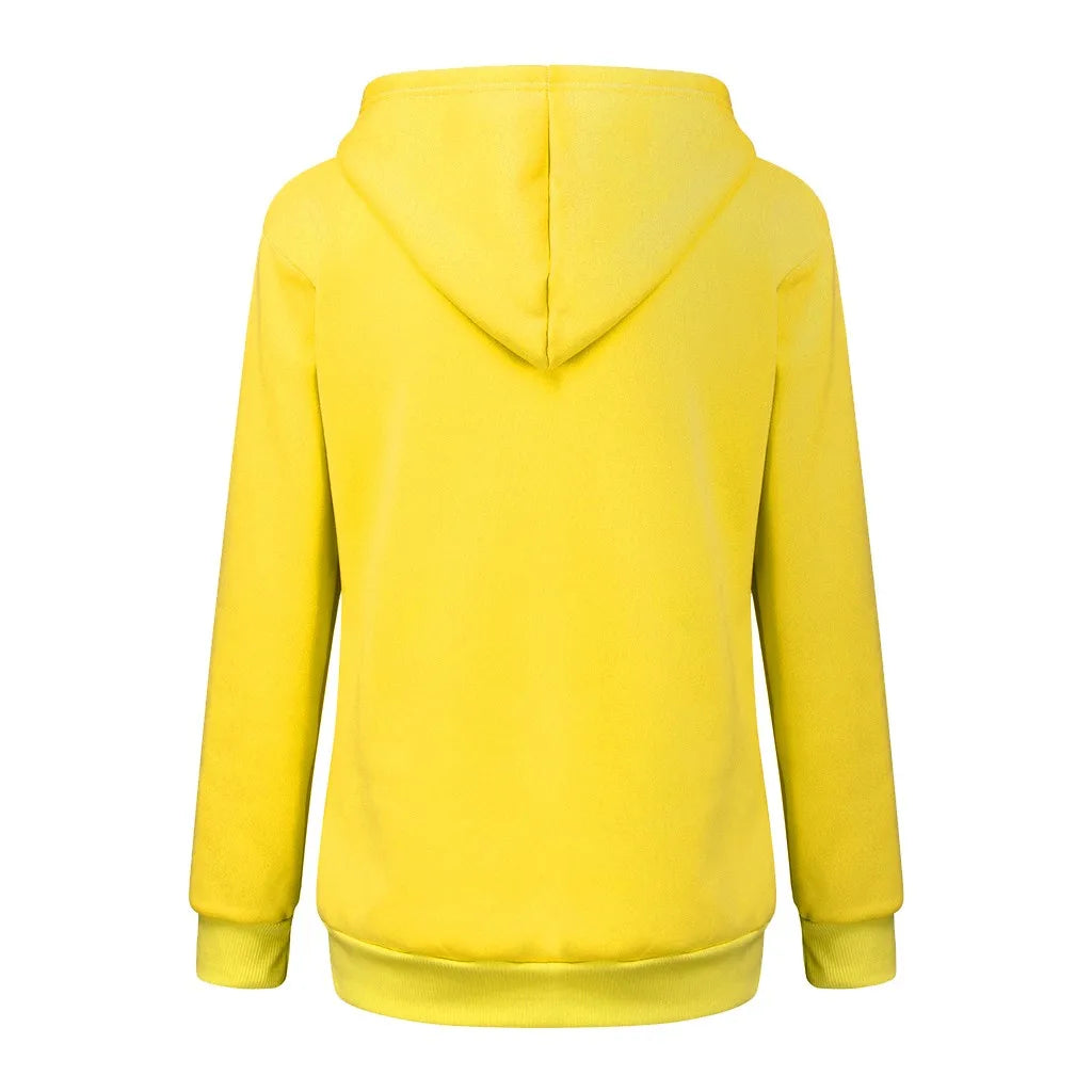Back view of a bright yellow cat lover sweatshirt with pouch, ideal for cozy comfort