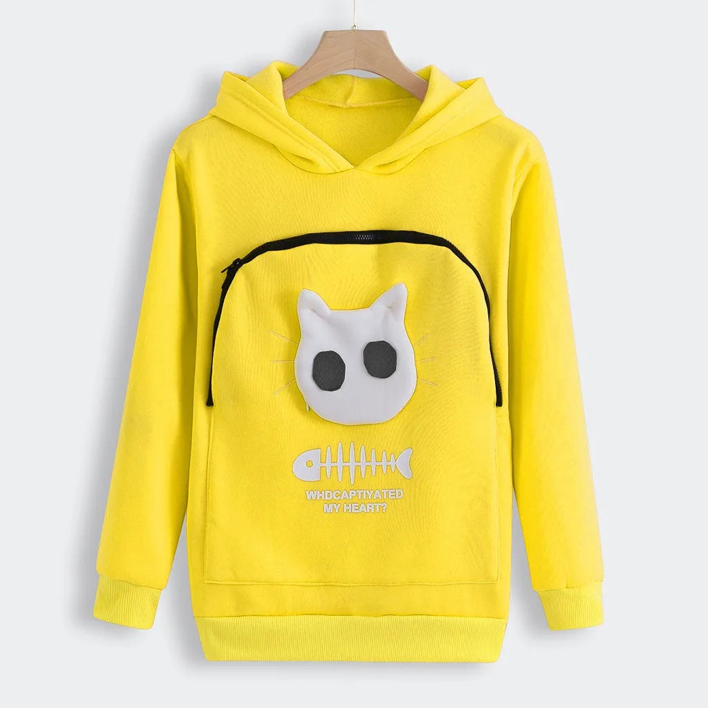 Bright yellow cat lover sweatshirt with pouch featuring playful cat and fish designs