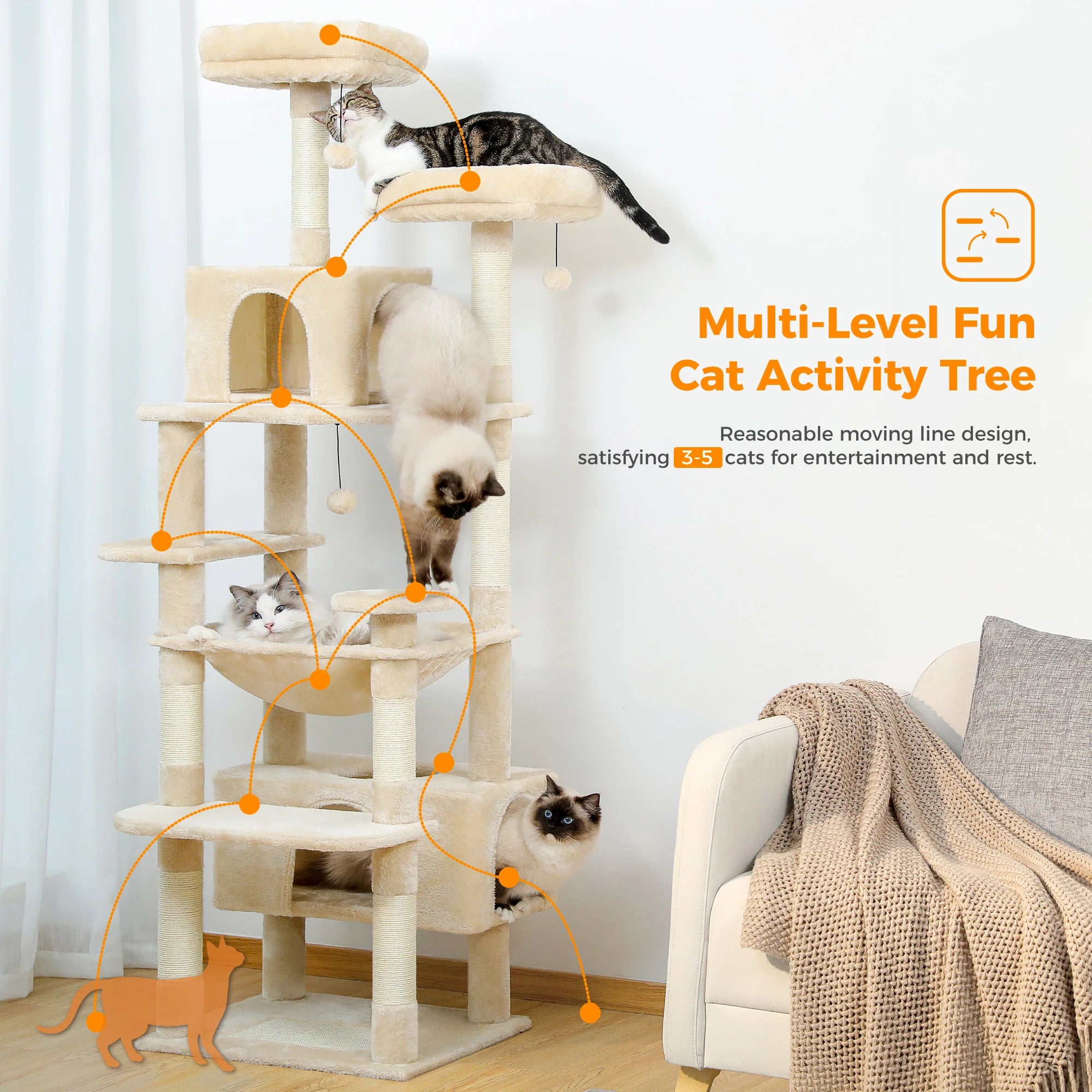 Large cat tree for indoor cats with multi-level design and activity features for playful felines