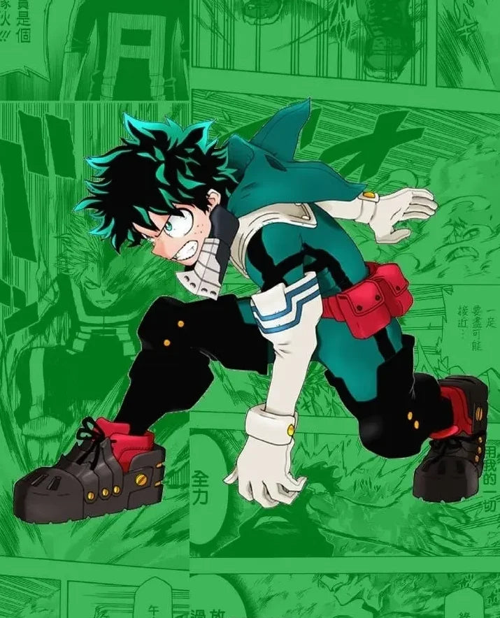 My Hero Academia cosplay costume featuring a character in a dynamic pose with vibrant green background