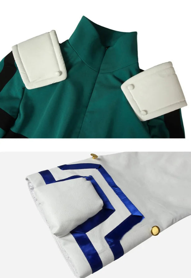 Close-up of My Hero Academia cosplay costume detailing with green fabric and unique shoulder design