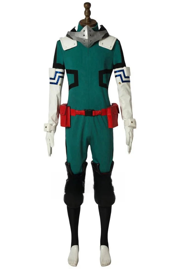 My Hero Academia cosplay costume featuring a green jumpsuit with white and blue accents and red accessories