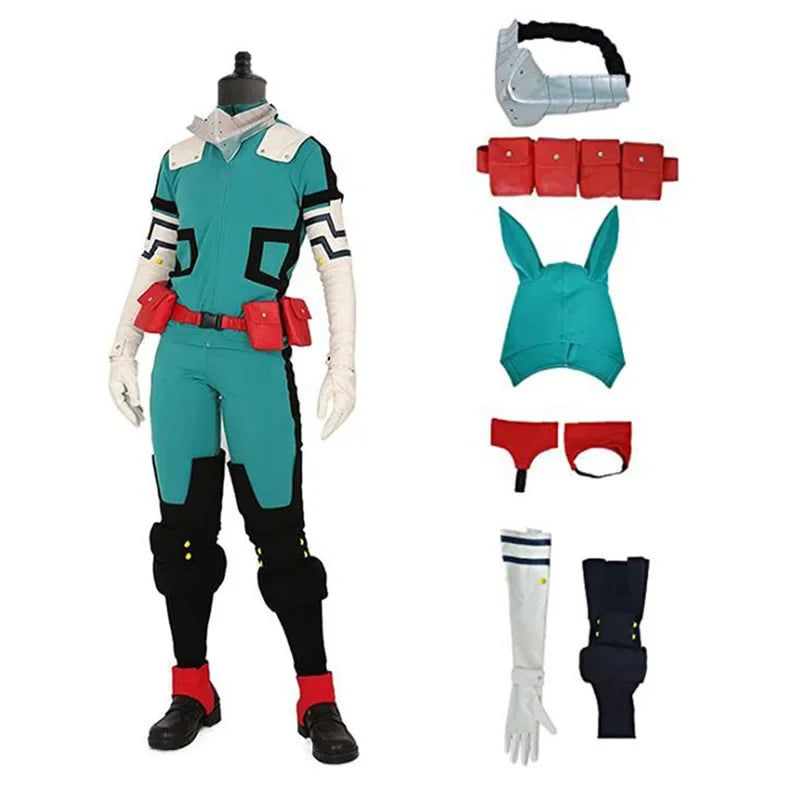 My Hero Academia cosplay costume featuring a teal jumpsuit and accessories for fans of the series