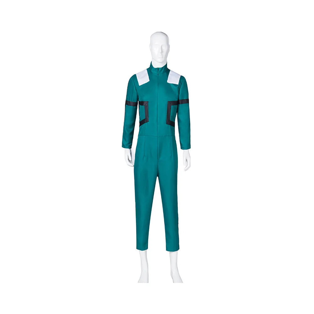 My Hero Academia cosplay costume featuring a green jumpsuit with black and white accents