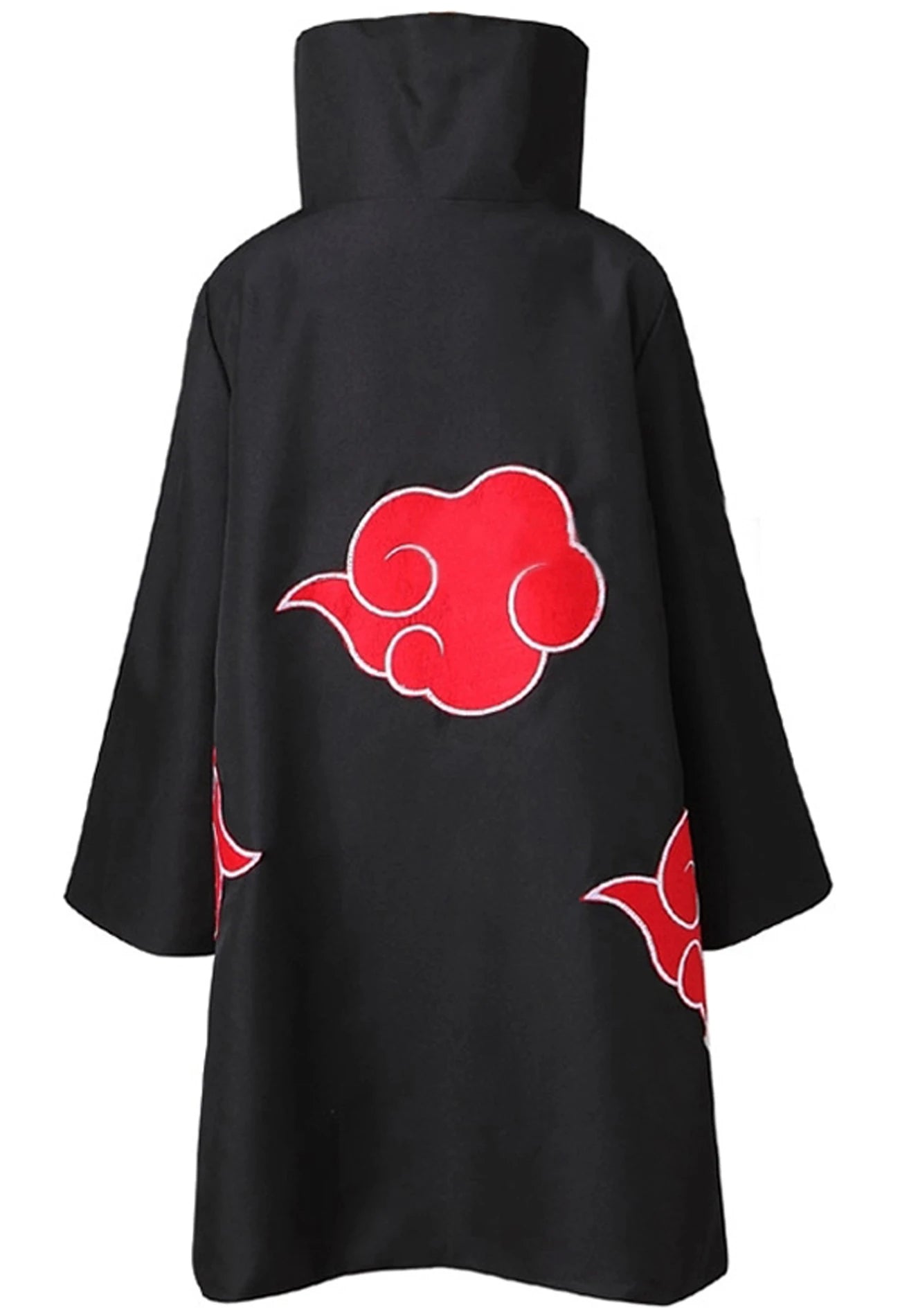 Naruto costume for kids and adults featuring a black coat with red cloud designs on the back