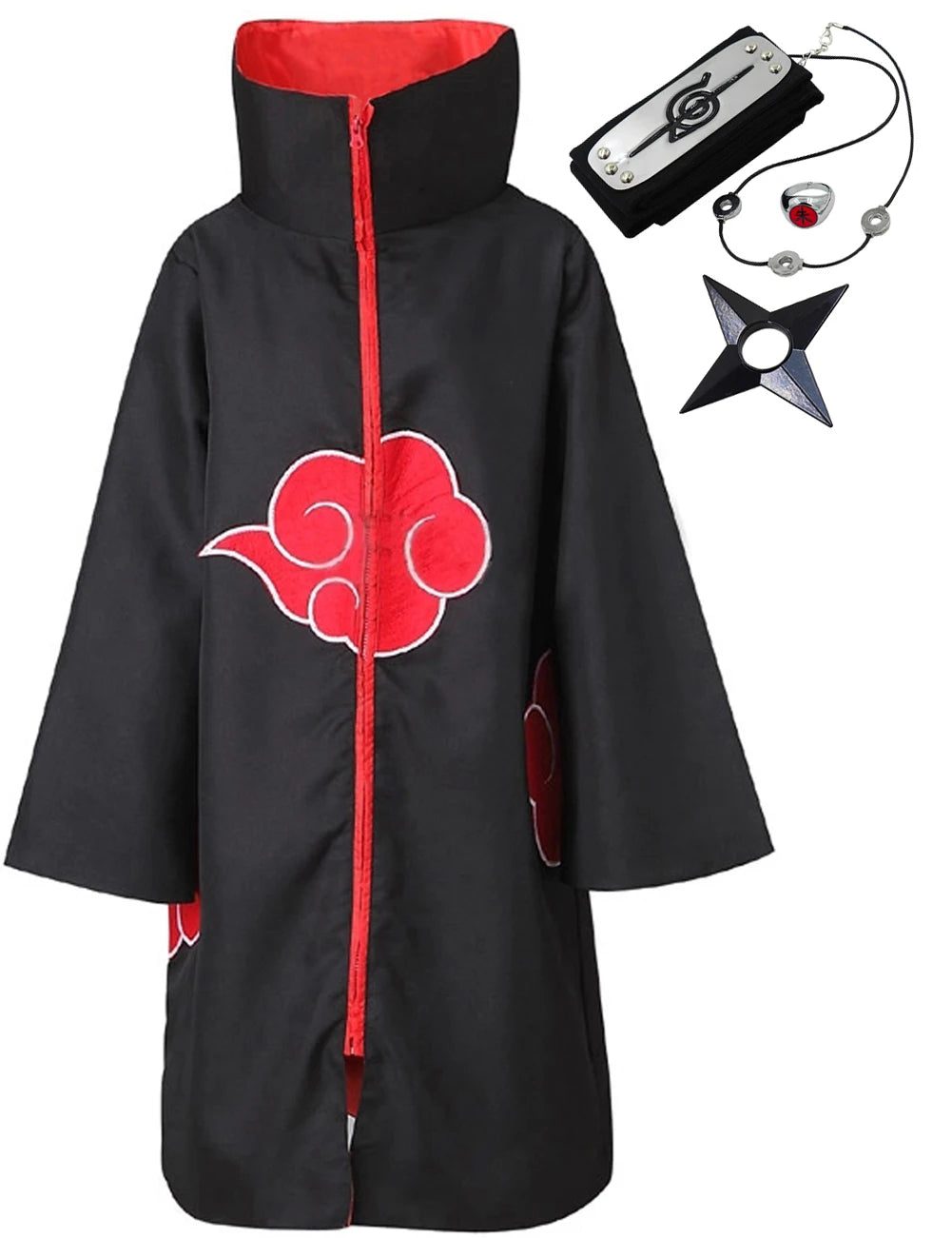 Naruto costume for kids and adults featuring a black cloak with red cloud designs and accessories