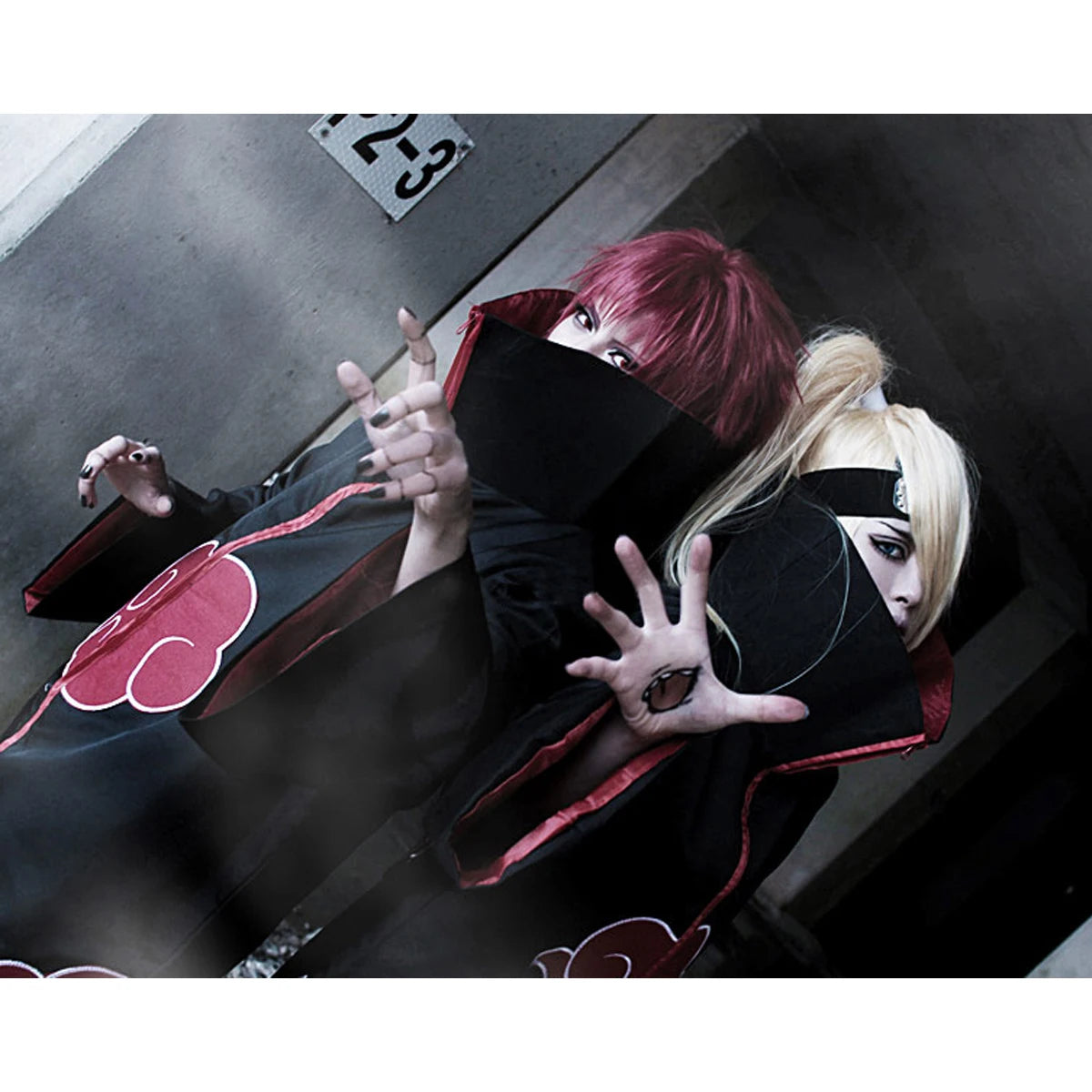 Two individuals in Naruto costume for kids and adults showcasing Akatsuki robes and distinctive hairstyles