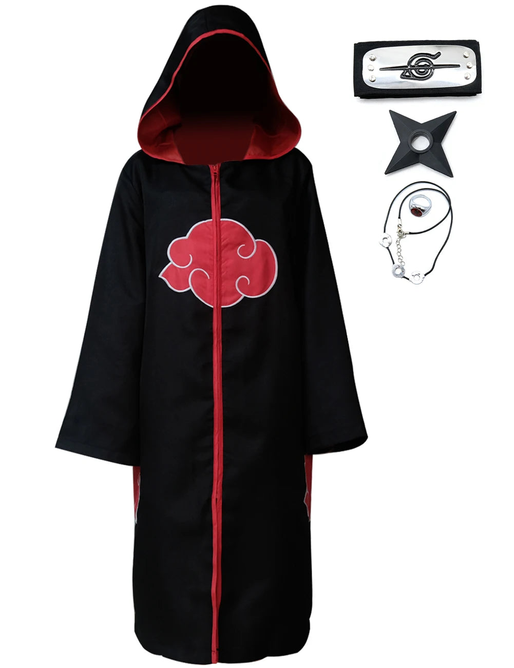 Naruto costume for kids and adults featuring a black robe with red cloud emblem and accessories