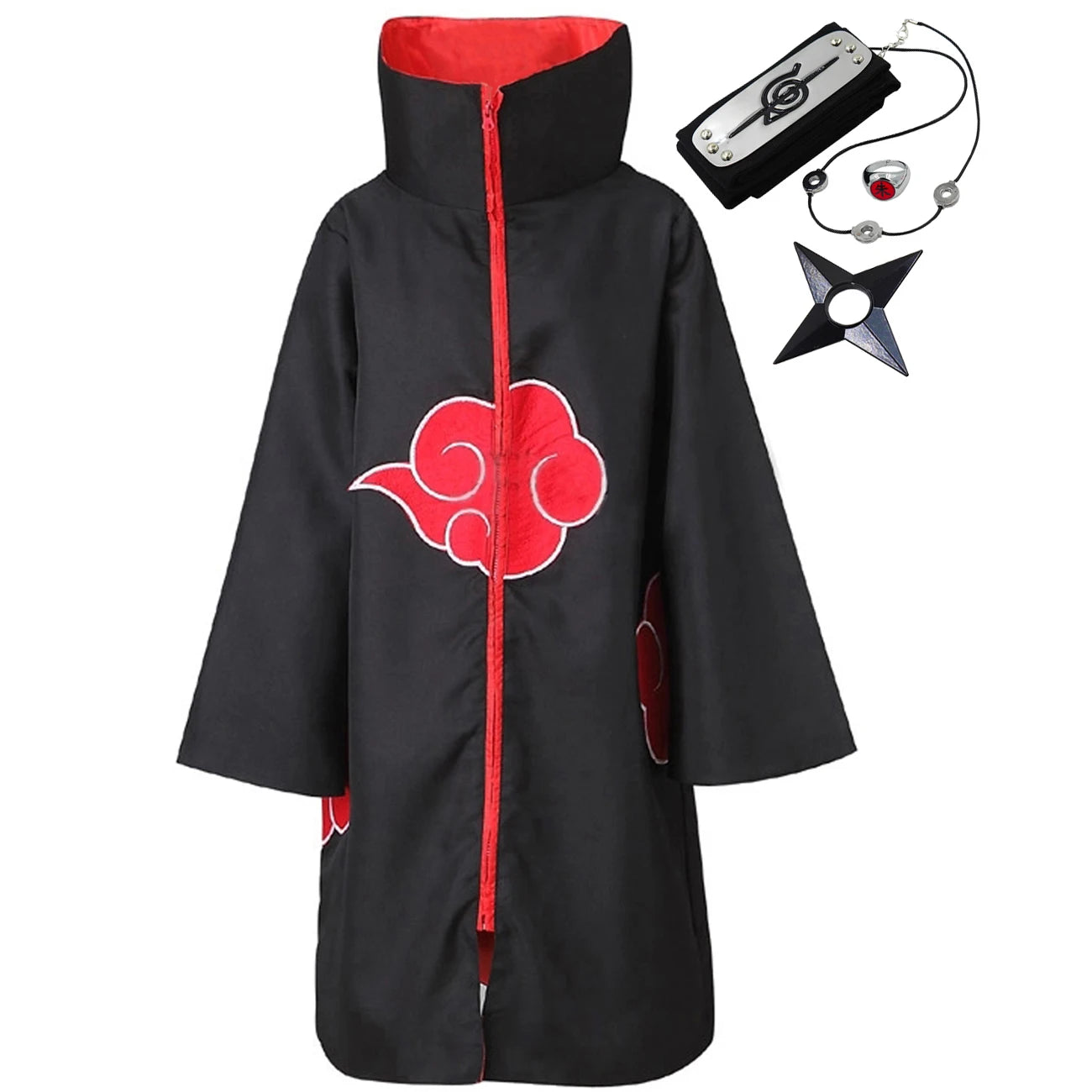 Naruto costume for kids and adults featuring a black robe with red cloud designs and accessories